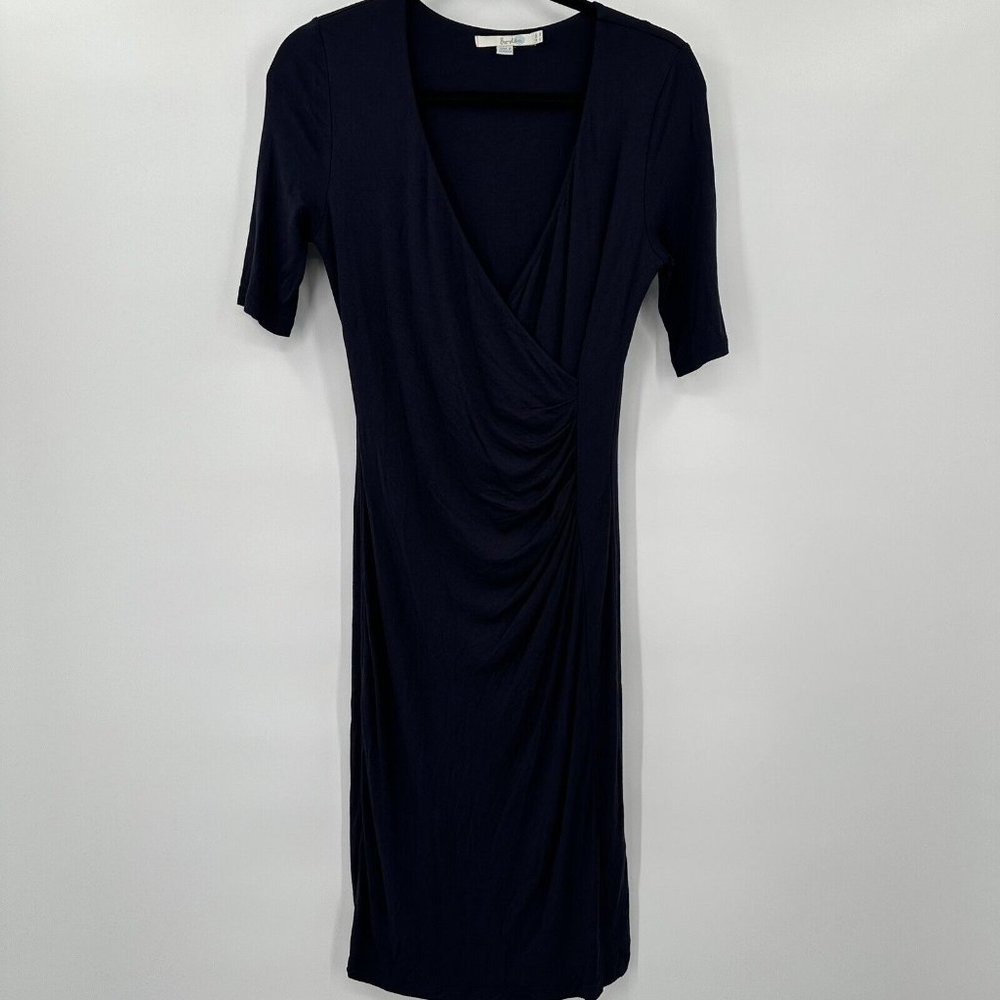 Boden Faux Wrap‎ Cocktail Dress Navy Blue Short Sleeve Knee Length Size 6R